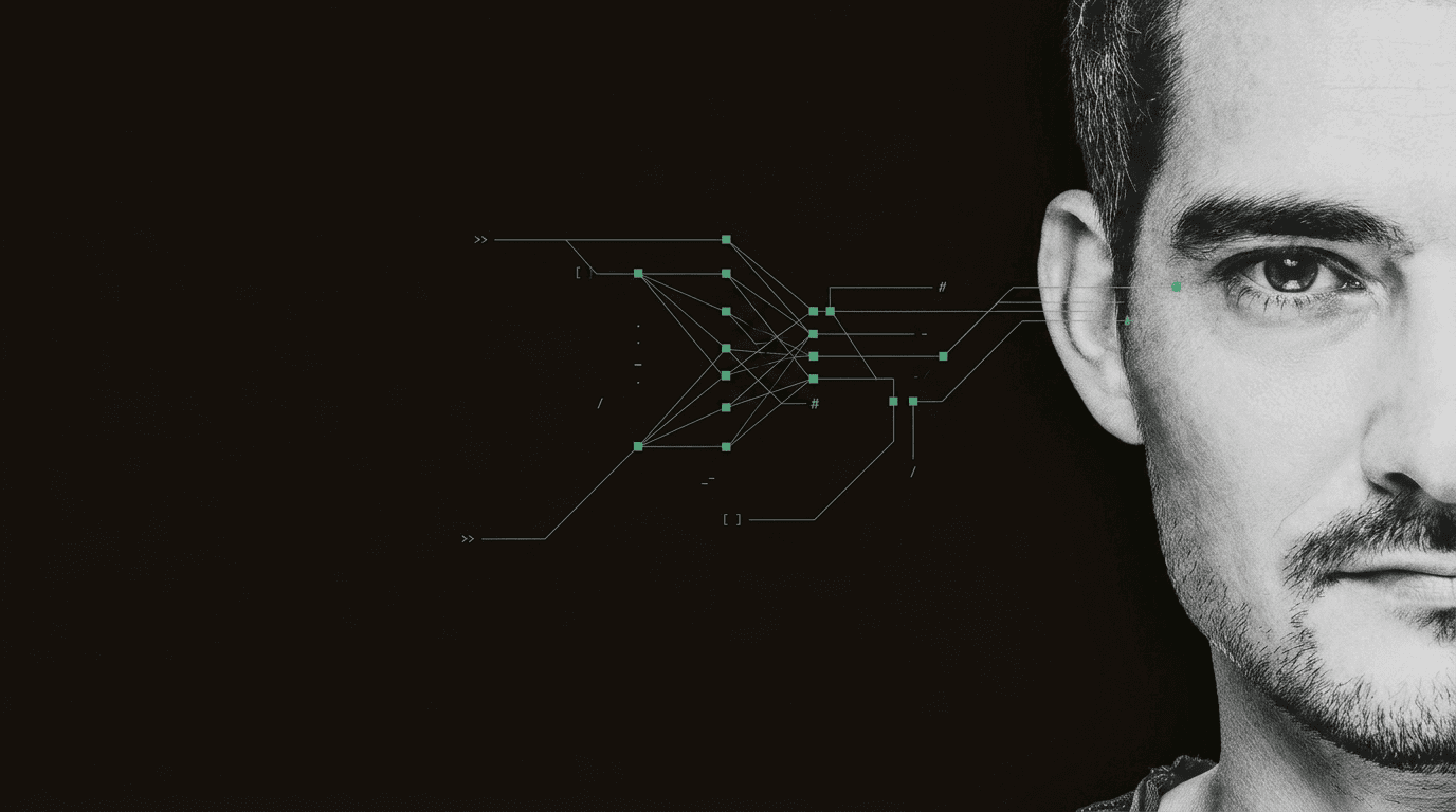 Daniel Plaschg – Schwarz-Weiß-Portrait mit Netzwerk-Diagramm in Signal-Grün